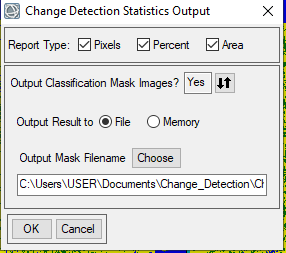 Change detection statistics output dialogue box