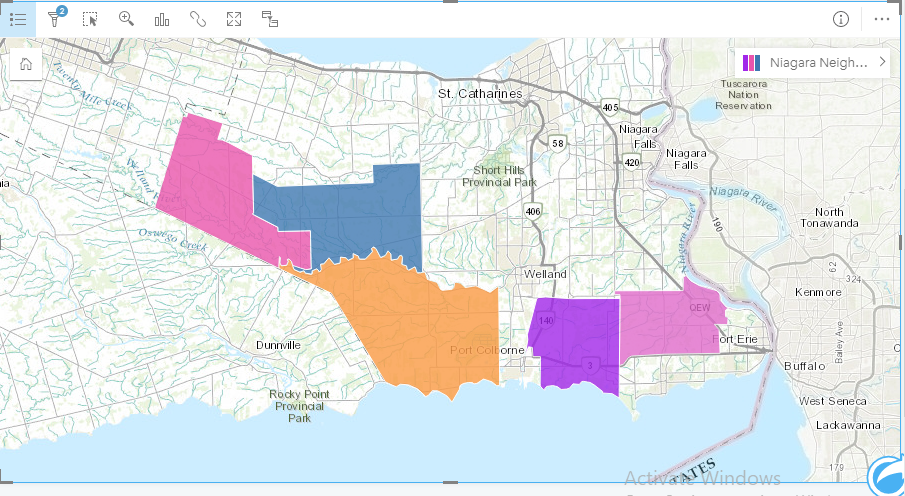 Map of Niagara's food desert neighbourhoods without access to supermarkets within 15 km